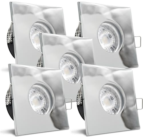 trendlights24 V2 Decken Einbaustrahler flach Chrom IP65 230V 5W 5er Set | Decken Einbauleuchte, eckig, ultra flach, Einbautiefe 35 mm, LED Spots, Warmweiß, 3000k, austauschbar, Bad, außen
