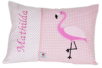 Glückspilz Namenskissen Babykissen I Flamingo I Kissen mit Namen personalisiert I Geschenk zu Geburt, Taufe, Geburtstag I pink auf rosa (40 x 60 cm)