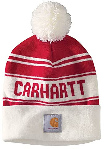 Carhartt Herren Strickmütze mit Bommel und Logo Beanie-Mütze, Rot/Ausflug, einfarbig (Getaway Solids), Einheitsgröße