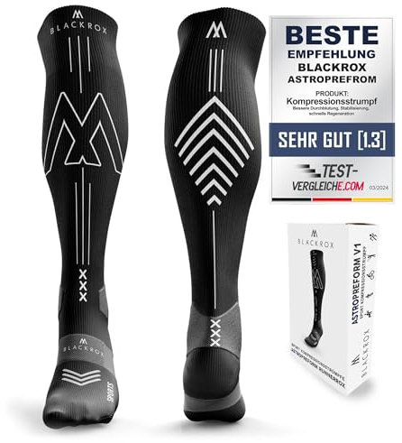 BLACKROX Kompressionsstrümpfe Sport Astropreform Kompressionssocken Vergleichssieger Sportkompressionsstrumpf Laufstrümpfe Fussball Damen & Herren Lang compressions sock (Schwarz-RUNNERROX, L-XL)