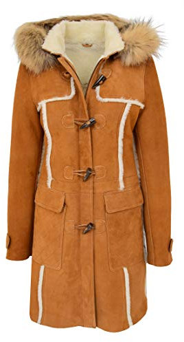 House of Leather Damen Echt Schaffell Mantel 3/4 Länge Duffle Mit Kapuze Parka Beth Hautfarben 36