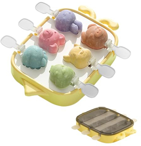 DeryArcle 6 Zellen Silikon Eisformen mit Stiel, Popsicle Formen Tiere Eis am Stiel Formen, Wassereis Formen, Schokolade Lutscher Form für Kreative DIY (gelb tiere)