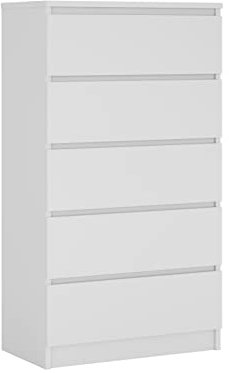 3E 3xE living.com Kommode mit 5 Schubladen, Farbe: Weiss Matt, H: 124 cm, B: 70 cm, T: 39 cm