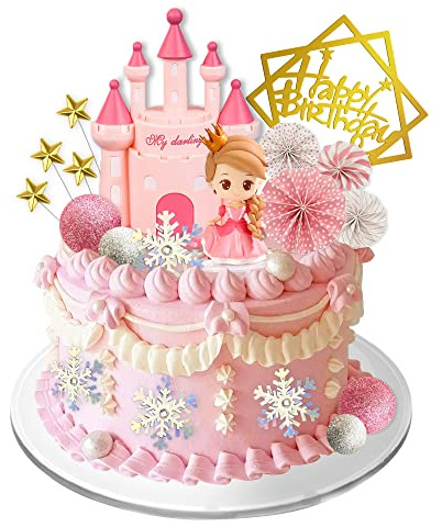 19 PCS Princess Cake Topper Castle Cake Decoration with Snowflake and Stars for Princess Birthday Supplies (Pink)