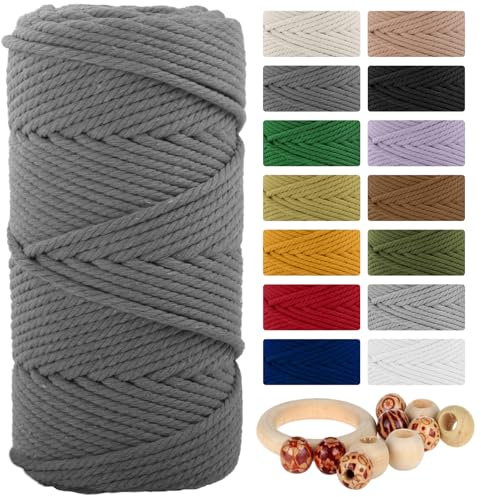 Macrame Cotton Cord 5mmx109 Yard 4 Strand, Munzong Natural Handmade 4 Twisted Cotton Rope for Wall Hanging Weaving Tapestry DIY Craft Knitting Plant Hanger Gift Wrapping Wedding Decor(100m, Gray)