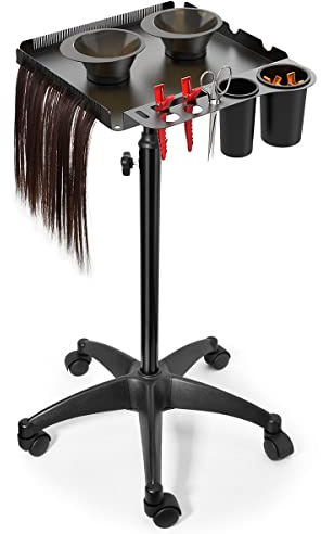 Johgee Salon-Tablett auf Rädern mit 2 magnetischen Schalen, rollendes Aluminium-Tablett, höhenverstellbar, für Haarstylisten, Tattoo-Tablett mit Haaren, selbstklebenden Rädern