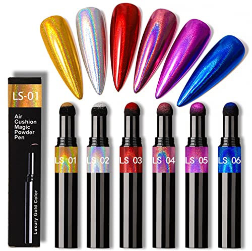 Stylo Applicateur à Poudre, Lot de 6 stylos à poudre chromés métallisés à coussin d'air - Holographique en Poudre pour Ongles, Effet Miroir Métallique Brillant - DIY Nail Art, DéCoration D'Art D'Ongle