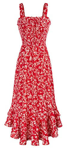GRACE KARIN Women Summer Floral Maxi Dress Strappy Smocked A Line Dresses | Square Neck, Dual Layer, Long, Beach, Elegant, Casual, Boho, Chiffon, Sundress