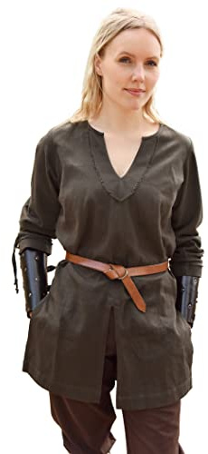 Battle-Merchant | Medeltida tunika Ylva för kvinnor | midjeformad tidig skjorta | sköldpadda outfit | LARP, vikingar, pirat, kostym, Olivgrön, S