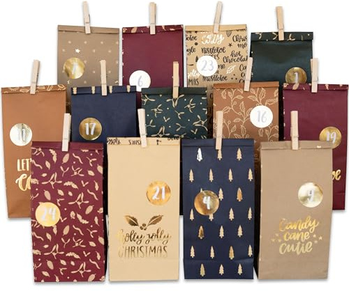 Papierdrachen Adventskalender Tüten 2026-24 bunt bedruckte Geschenktüten und 24 Zahlenaufkleber und Klammern - zum Basteln und Befüllen - Weihnachten - Set 4