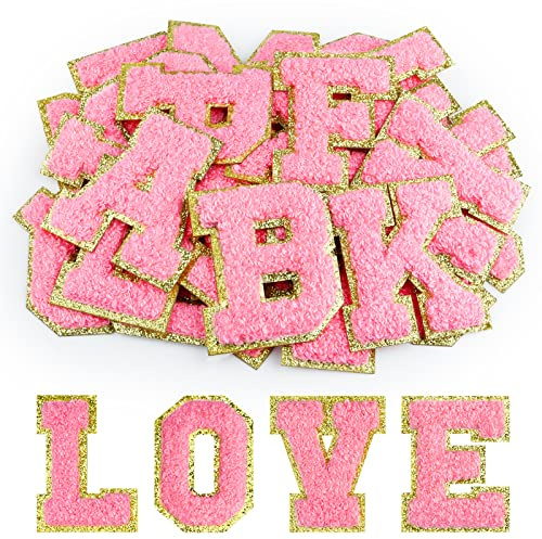 Morcheiong 52 Stück Chenille Patches Selbstklebende Buchstaben A-Z Patches für DIY Kleidung Stoffe Schuhe Taschen (Rosenrot)