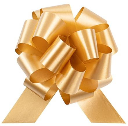 Restaurantware-Gift Tek 5.5 Inch Ribbon Pull Bows, 10 Satin Pull Bows - 20 Loops, Instant Design, Gold Plastic Flower Bow for Gifts, Large, for Wedding Baskets and Gift Wrapping