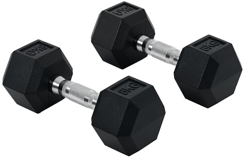 HOMCOM Juego de Mancuernas Hexagonales, 2 x 8 kg, de Hierro Fundido, Recubiertas de Goma, Juego de Pesas con Barras de Conexión para Entrenamiento en Casa, Gimnasio y Oficina, Negro y Plata