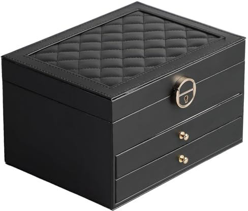 GUOER Jewelry Box for Women Girl Wife 3 Layers Large PU Leather Jewelry Organizer Storage Case with Two drawers Display for Earrings Bracelets Rings Watches (Black)