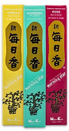 3 x Nippon Kodo Morning Star Japanische Räucherstäbchen Set mit Halter | 3x50 Sticks (Vanille, Rose, Gardenie) | Natürliche Düfte für Entspannung und Yoga