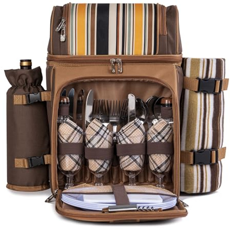 ALLCAMP Picknickkorb, Rucksack-Kühler für 4 Personen, mit 2 isolierten Kühltaschen, abnehmbarem Flaschen-/Weinhalter, Fleecedecke, Teller und Besteck für Familie, Paare, Freunde und Geschenke (braun)