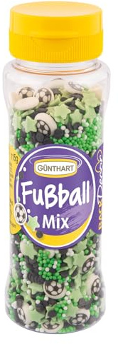 Günthart BackDecor 115 gr Fußball Streusel aus Zucker mit kleinen Fußbälle in praktischer Streudekor Dose, 1er Pack (115 gr)