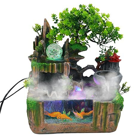 BJTDLLX Zimmerbrunnen mit LED Wasserfall Gartenbrunnen Klein Tischbrunnen Zimmerbrunnen Beleuchtung Springbrunnen für Dekoration, Künstliche Pflanzen Wasserbrunnen