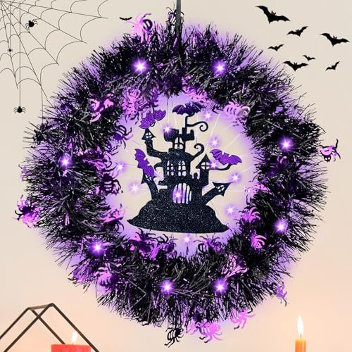 XUNIVERS Corona de Halloween Con Luces LED Para Puerta - Guirnalda de Decoraciones de Halloween Para Casa, Fiesta, Jardín - 35cm