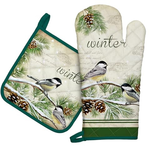 Arquiel Winter Bird Oven Mitts and Pot Holders -100% Cotton, Heat Resistant Extra Long Oven Gloves & Hot Pads for Cooking BBQ Grilling Baking Gift, Set of 2