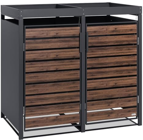 Zelsius Mülltonnenbox 2 Tonnen mit Pflanzdach | (B) 132 x (T) 80 x (H) 124 cm | Anthrazit RAL 7016 | Tür in dunkelbrauner Holzoptik mit Erweiterungsmöglichkeit | Mülltonnenverkleidung