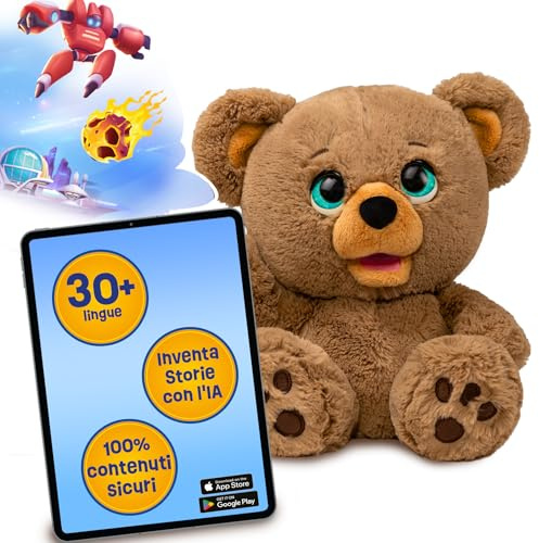 PLAi - PoE el Osito Cuentacuentos con Inteligencia Artificial, CREA Historias con una App y Mueve la Boca al Contarlas, Tecnología IA de ChatGPT Apta para Niños, Memoría de 60 min, Famosa (LAY00000)