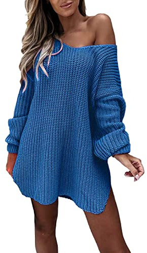 robe pull femme hiver chic sexy epaule denudee pull long femme oversize grosse maille chaud et doux chadnail manche longue thermal pullover tricoté léger decontracté couleur unie ideal (Blue, L)