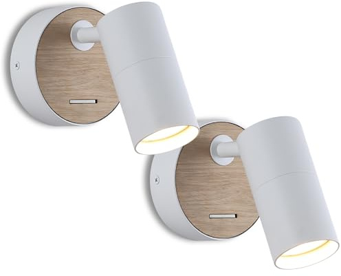WoodBee Light 2er Set verstellbare weiße Aluminium-Wandlampen mit Holz GU10 Wandspot Leselampen mit Schalter Innen ohne Leuchtmittel
