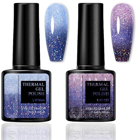 Farbwechsel UV Gel Nagellack Set - 2PCS Temperaturänderung mit Glitzer-Effekt, Blau & Lila Temperatur Farbwechsel Nagellack Soak Off UV LED Nail Art Gel Lack für DIY Nail Art Maniküre zu Hause (Blau)
