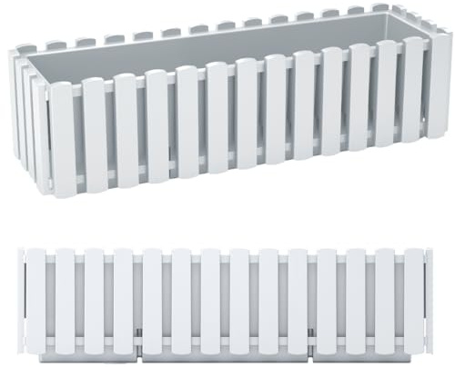 Blumenkasten Blumentopf Balkonkasten Latten-Optik mit Halterungen Lattenzaun-Design (58 cm, Weiß)