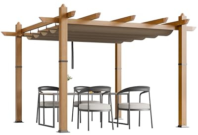 10x10 Ft Outdoor Retractable Pergola Aluminium Pergola Canopy with Adjustable Roof, Upgraded Faux Wood Grain Modern Metal Patio Gazebo for Deck, Backyard Garden, Porch, Grape Trellis, Khaki