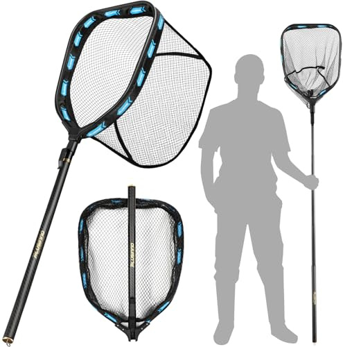 PLUSINNO Fishing Net with Telescoping Handle, Carbon Fiber Ultralight Long Fish Net, Collapsible Floating Landing Net 6.56Ft, Fishing Gear Kayak Accessories for Bass Trout Salmon