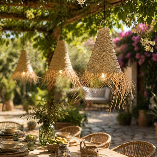 Lampadario Fibre Naturali Marocchino in Palma Intrecciata a Mano – Stile Boho Ø30 cm H32 cm – Paralume Etnico Naturale per Interni ed Esterni Vimini Rattan Bamboo 1004250801