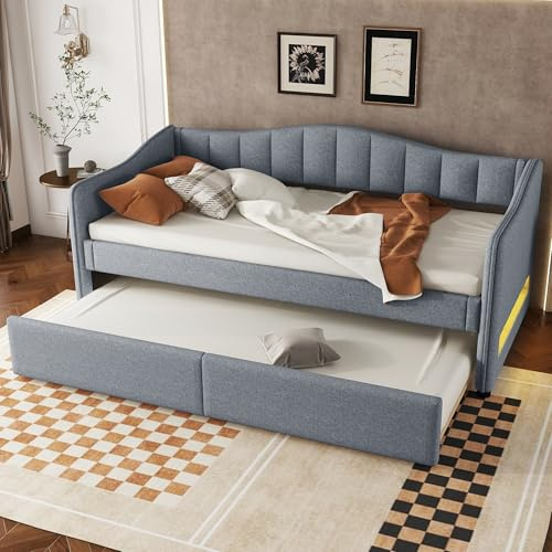 NovaFurnish Daybettt, 90x200cm Tagesbett mit ausziehbarem Bett, Schlafsofa, Einzelbett(Ohne Matratze), Ambiente-Licht-Design, Leinen, minimalistisches Styling (Grau)