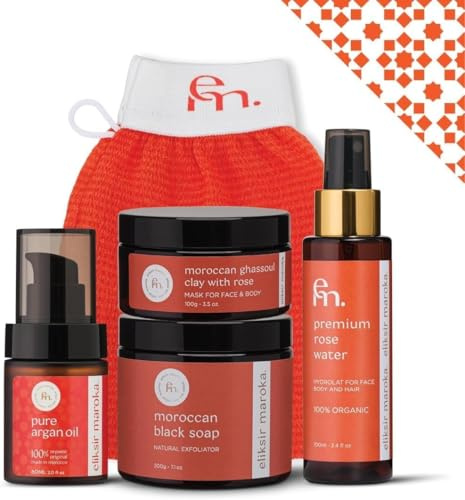 Eliksir Maroka Moroccan Hammam Ritual Set – Black Soap 200 g • Ghassoul Clay 100 g • Argan Oil 60 ml • Rose Water 100 ml • Kessa Glove | Authentic Moroccan Spa Exfoliation Kit | Vegan & Organic
