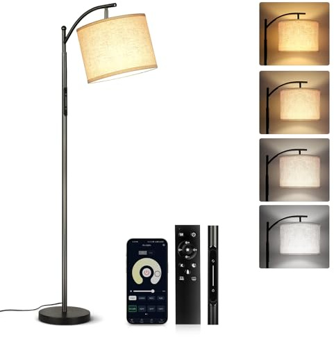 GOOGO Lampadaire de salon avec angle réglable, abat-jour en lin, 3 températures de couleur, intensité variable, avec contrôle tactile, application et télécommande, minuterie de 1 heure, pour la maison