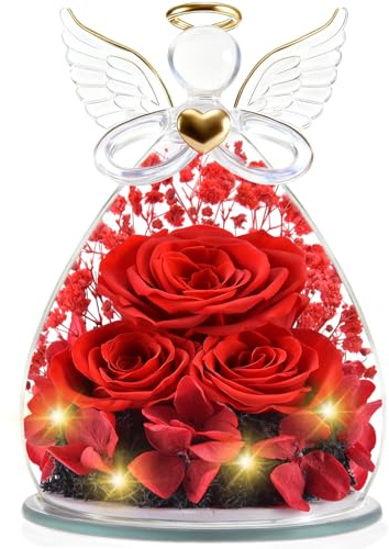 Roses Eternelles, Cadeau Femme Roses Préservées dans des Figurines d'ange en Verre, Cadeau Noel Anges de Fleurs pour Maman Grand-mère, Mamie