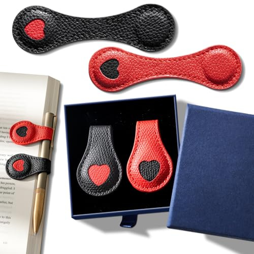 Celblisora Lot de 2 Marque-Pages magnétiques en Cuir en Forme de cœur avec boîte Cadeau, Support pour Stylo magnétique, Clip Marque-Page, Cadeau de Saint-Valentin pour Les Amateurs de Livres,