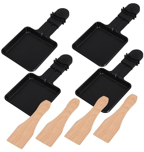 VILLCASE 4 Sets Mini Raclette Grill Pan with Cheese Trays and Wooden Spatulas Small Electric Barbecue Plate for Melting Cheese and Grilling Meat Fast Heating Multifunctional Baking Tray for