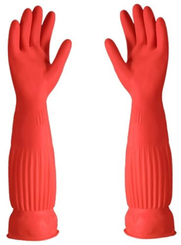 Hperu Guantes para lavar platos, 1 par de 18 guantes largos de látex con forro polar, antideslizantes, impermeables, para limpieza de cocina y baño (rojo)