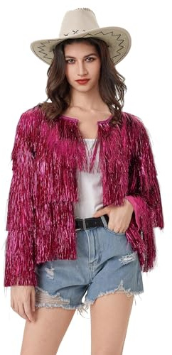 FeMereina Chaqueta de oropel con ajuste holgado, extra densa, multicapa, abrigo de oropel brillante, abrigo con borlas brillantes, chaqueta para festival, carnaval, chaqueta con purpurina, fucsia, L
