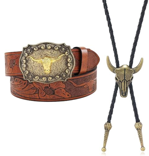 Yuwnd Cowboy Gürtel Herren, Cowboy-Gürtel Herren mit Longhorn Stier-Schnalle & Blumenprägung, 120 cm Cowgirl Western Halskette mit schwarzem Kuh-Schädel Lariat Anhänger als Bolo-Krawatte