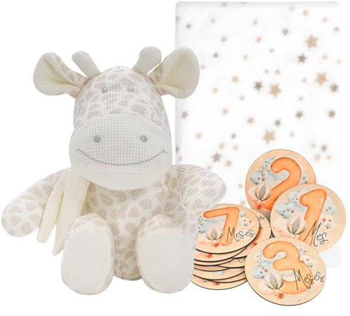 Mababy Set Regalo Bebé Personalizado – Manta Coralina 80×100 Bordada, Peluche Animalito Piqué Algodón, 12 Placas Hitos Doble Cara para Fotos y Recuerdos, Pack Recién Nacido Baby Shower