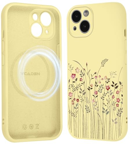 Saqmkil Magnetiskt fodral för iPhone 13 6,1 tum, kompatibelt med MagSafe, Aesthetic Blommor Mönster Flickfodral, Mjuk Flytande Silikon TPU Stötdämpande Skyddshölje för iPhone 13, gul