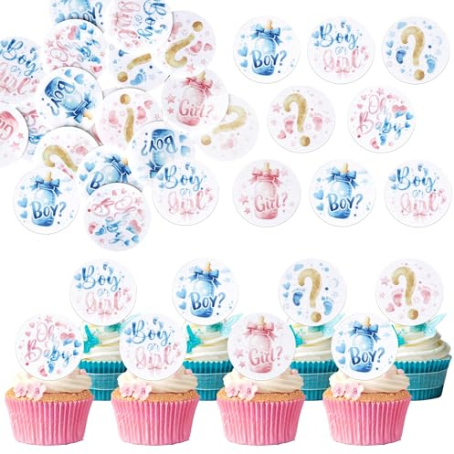 60 Stück Essbare Baby Dusche Themed Tortendeko Boys or Gilrs Cupcake Toppers Reispapier Oh Baby Kuchen Deko für Geschlecht Enthüllt Thema Geburtstag Party Kuchen Dekorationen Blau Rosa