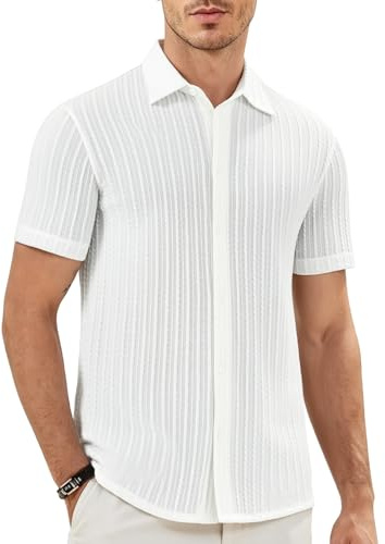 Mauro Kane Camicia Uomo Senza Stirare Maniche Corte Maglia Jacquard Camicia Estiva con Bottoni Antipiega Camicie Casual per Ufficio e Tempo Libero