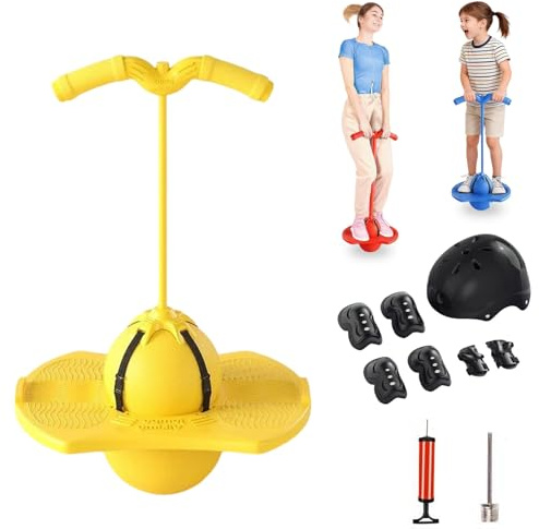 NNBWLMAEE Hüpfball Kinder, Pogo Jumper Sprungball für Kinder, Pogo Stick Balance Hüpfball mit Griff und Pumpe für Indoor Outdoor Spielzeug, Koordinationstraining für Jungen und Mädchen (Gelb)