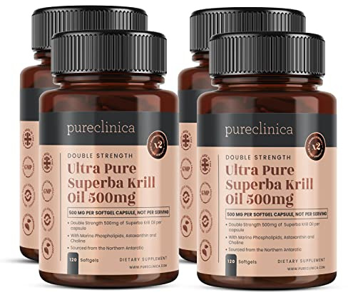 Huile de Krill Ultra Pure 500mg x 480 gélules (4 bouteilles) - provenant des eaux non polluées de l'Antarctique et riche en Astaxanthine et Oméga-3.