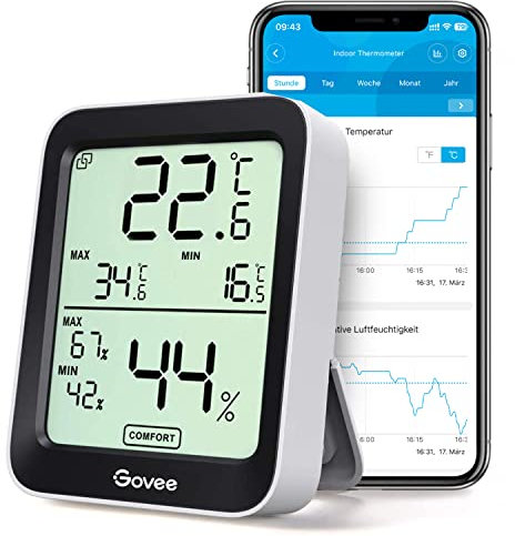 Govee Bluetooth Thermometer Hygrometer Innen, LCD Digital Temperatur luftfeuchtigkeitsmesser mit Benachrichtigungs Alarm, Präzise Thermo-Hygrometer mit APP, Datenspeicherung für Gewächshaus Weinkeller