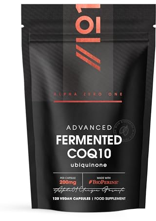 Fermented CoQ10 200mg – 120 Vegan Capsules – USP Grade Ubiquinone with BioPerine® Enhanced Absorption – Naturally Fermented Co Enzyme Q10 – by Alpha01